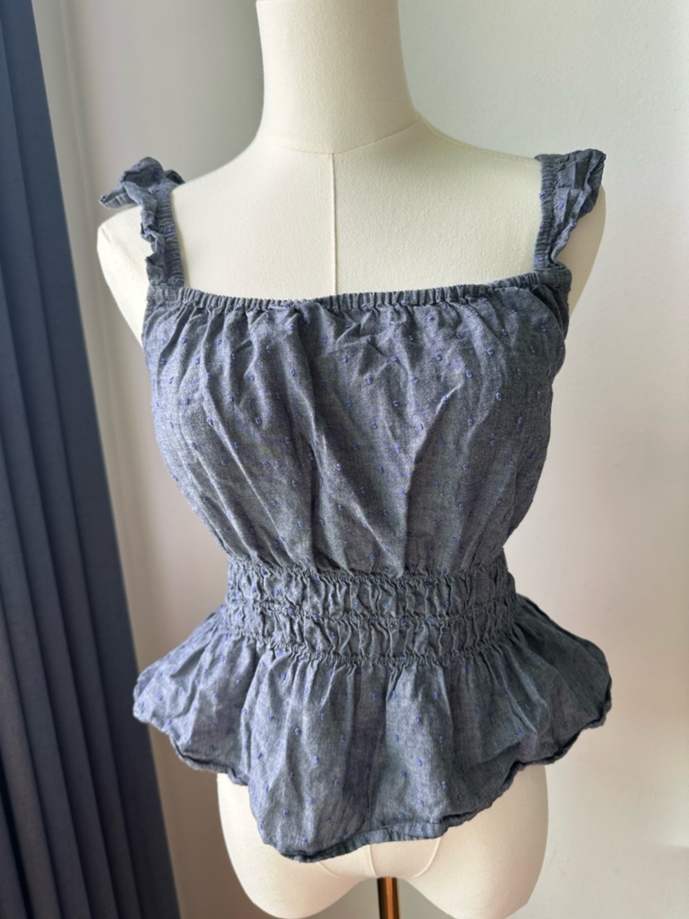 Mine Smocked Peplum Tank Top in Heathered Blue Polka Dot Size S